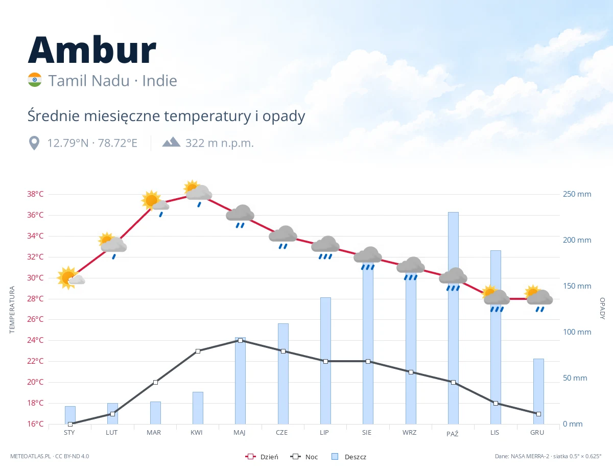 Ambur - średnie miesięczne temperatury i opady