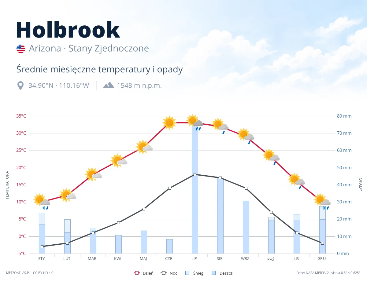 Holbrook - średnie miesięczne temperatury i opady
